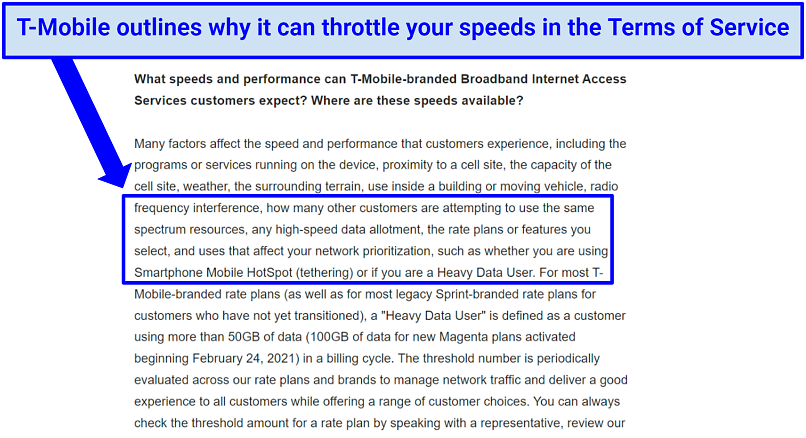 An image of T-Mobile's ToS disclosing its data throttling practices