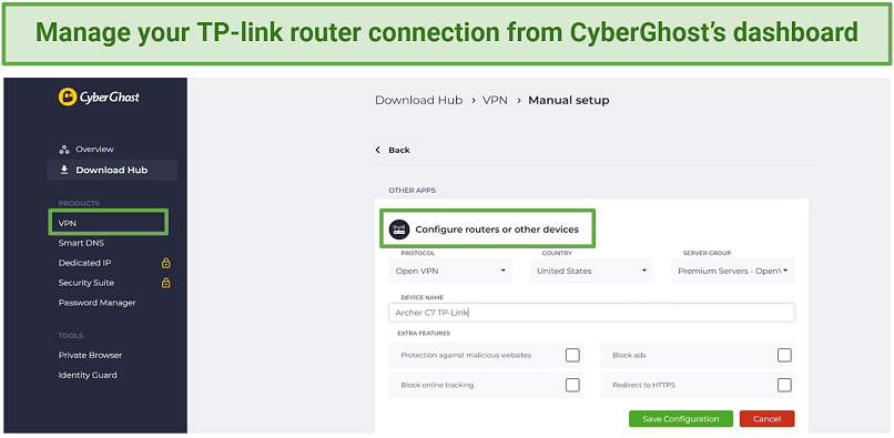 Screenshot of CyberGhost's dashboard for manual router VPN setup