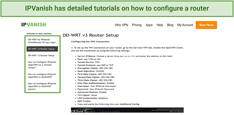 Image showing IPVanish’s setup pages for DD-WRT v3 routers