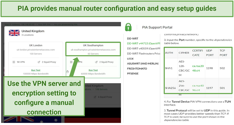 A screenshot of PIA's web page with the VPN servers and configuration guides