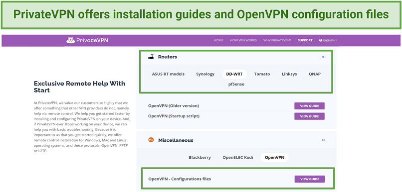 Screenshot of PrivateVPN's support page with configuration files