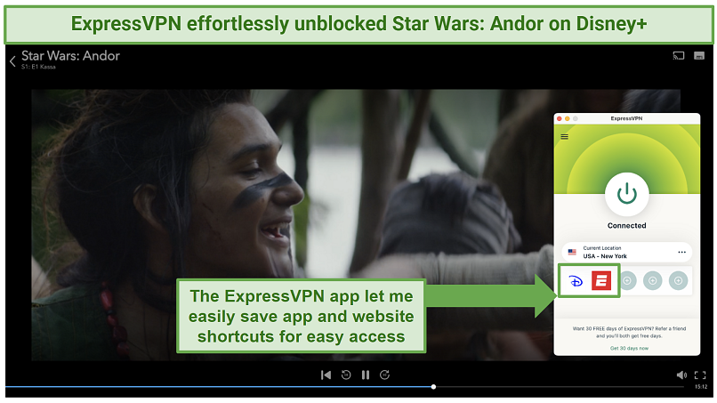 Zrzut ekranu pokazujący aplikację ExpressVPN podłączoną do serwera New York podczas przeglądarki przeglądarki na Disney+