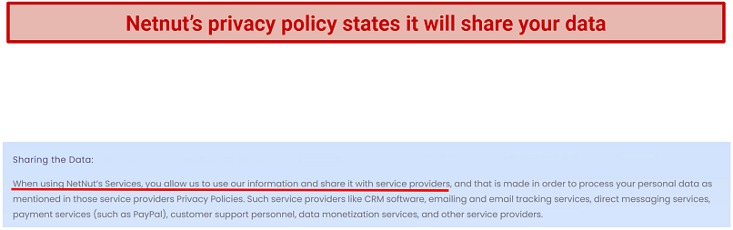 Screenshot of Netnut.io's privacy policy highlighting its intent to share your data