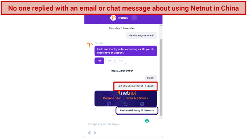 Screenshot of Netnut.io's live chat showing it failing to answer my questions about using it in China