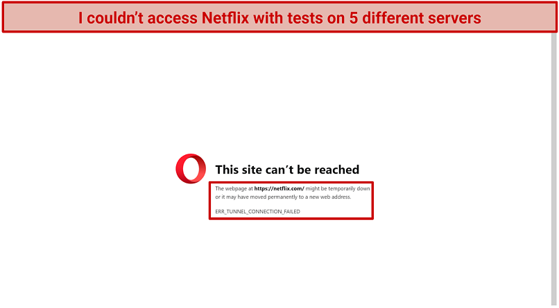 Screenshot of Opera browser error screen received while trying to connect to Netflix while connected to Netnut.io proxy