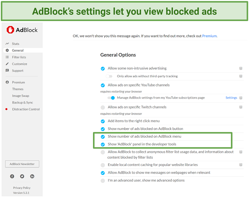 Screenshot of AdBlock's Chrome interface