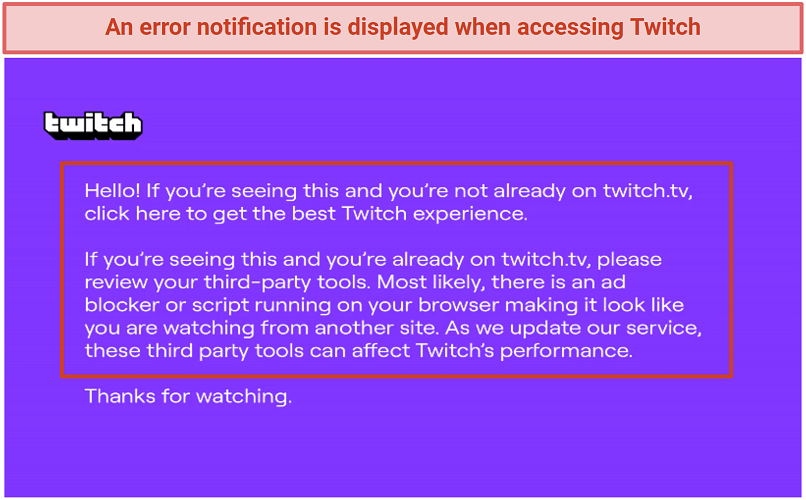 Screenshot of Twitch's purple error screen