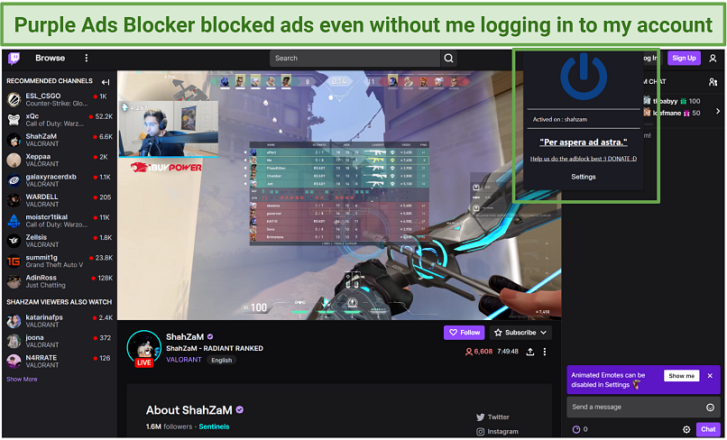 Screenshot of Purple Ads Blocker blocking ads on Twitch