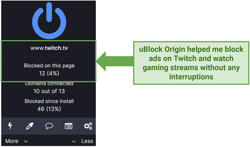 Screenshot of uBlock Origin blocking ads on twitch.tv