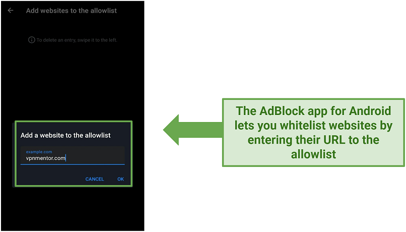 Screenshot of AdBlock's whitelist settings