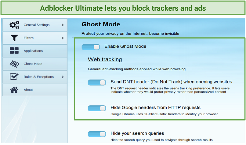 Screenshot of Adblocker Ultimate settings interface