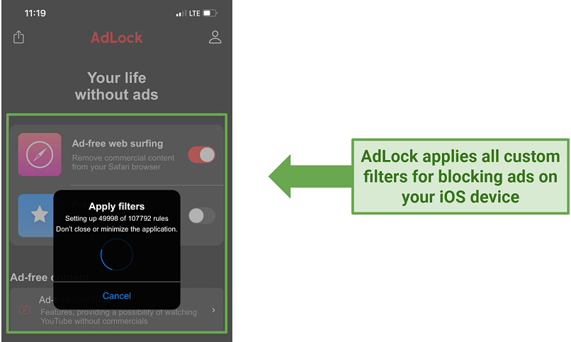 Screenshot of AdLock's iOS interface