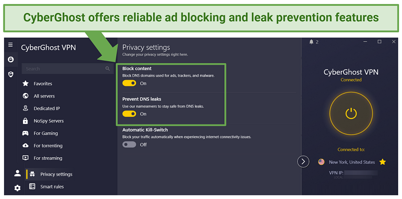 Screenshot of CyberGhost ad blocker feature in settings