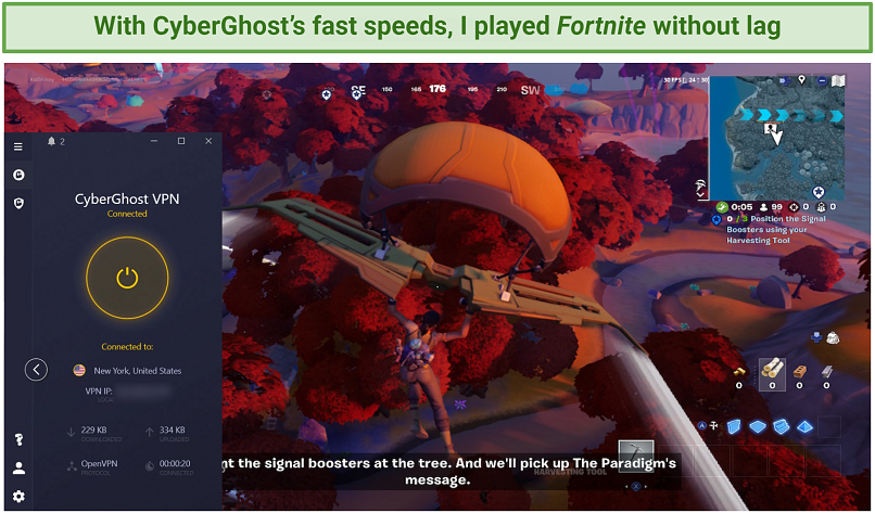 Screenshot of CyberGhost providing low-latency in Fortnite