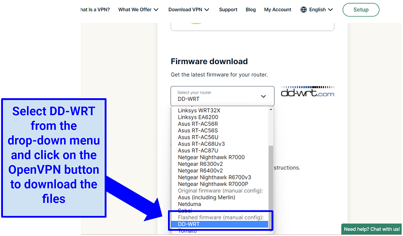 Screenshot of the ExpressVPNs download page for DD-WRT router OpenVPN files