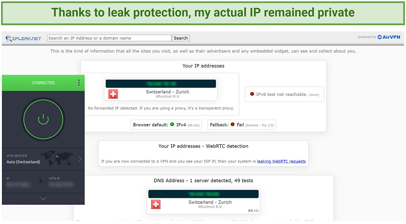 Screenshot of PIA successfully hiding actual IP/DNS addresses.