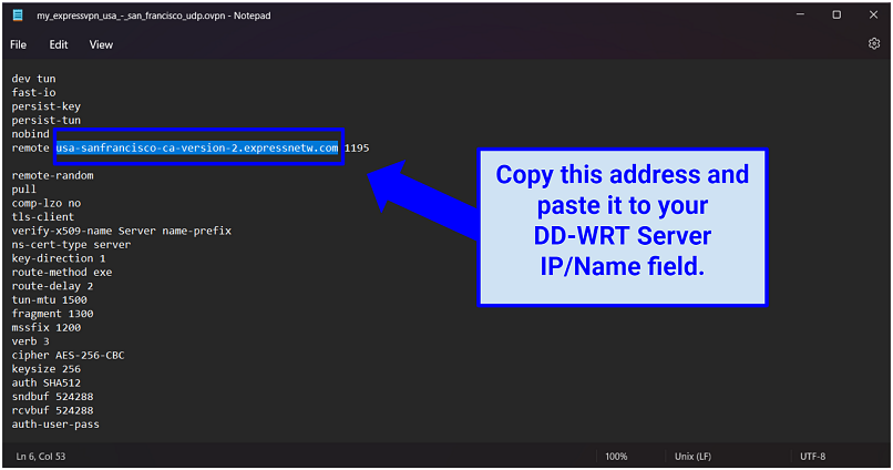 Screenshot of ExpressVPNs.ovpn file opened in Notepad showing where to find the Server IP/Name.