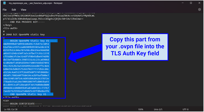 Screenshot of ExpressVPNs.ovpn file opened in Notepad showing where to find the TLS Auth Key.