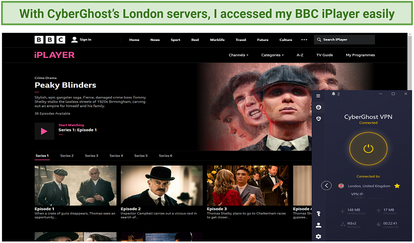 Screenshot of CyberGhost unblocking BBC iPlayer