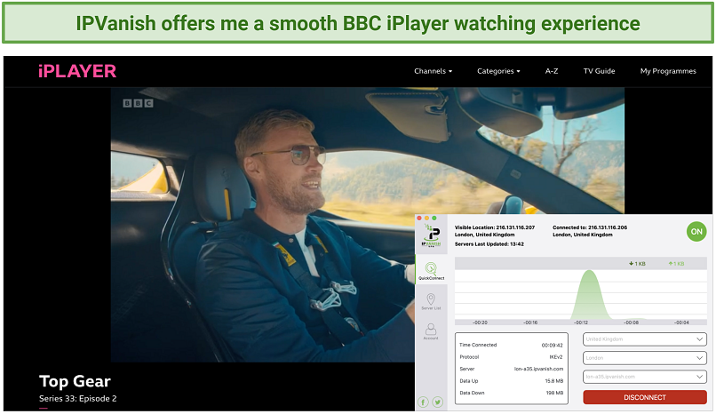 Screenshot of IPVanish unblocking BBC iPlayer