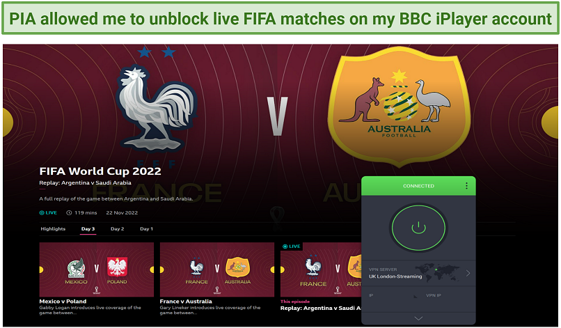 Screenshot of PIA unblocking BBC iPlayer