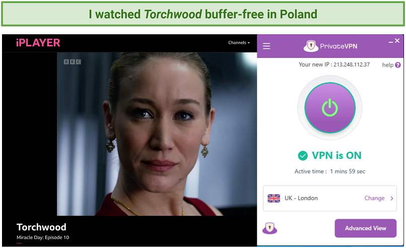 Screenshot of PrivateVPN unblocking BBC iPlayer in Poland