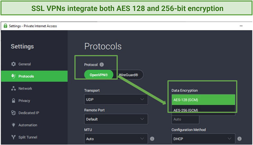 A screenshot of AES 128 and 256-bit encryption on SSL VPN