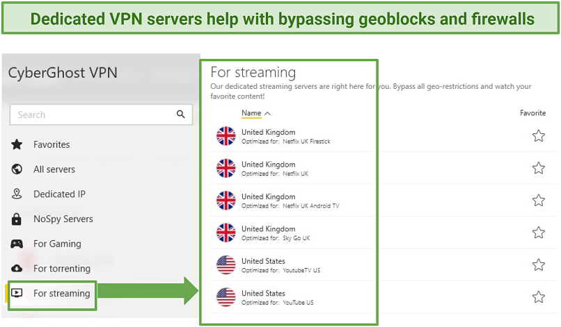 A screenshot of optimized VPN servers for bypassing geoblocks