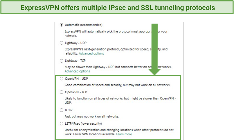 A screenshot of of ExpressVPN's IPsec and SSL protocols