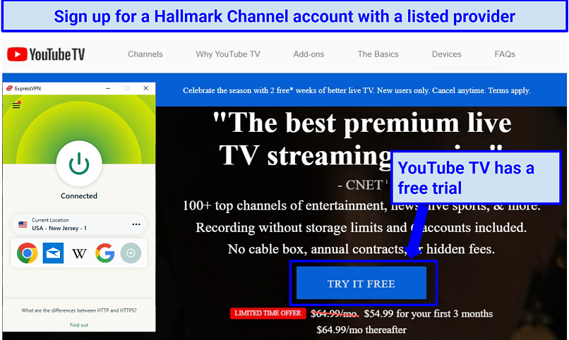 A screenshot of YouTube TV free trial for accessing Hallmark Channel