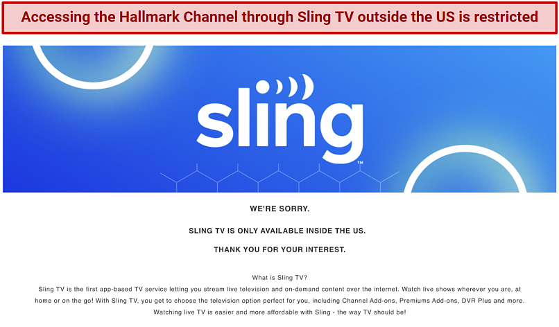 Screenshot displaying the Sling TV error message when accessing it outside the US