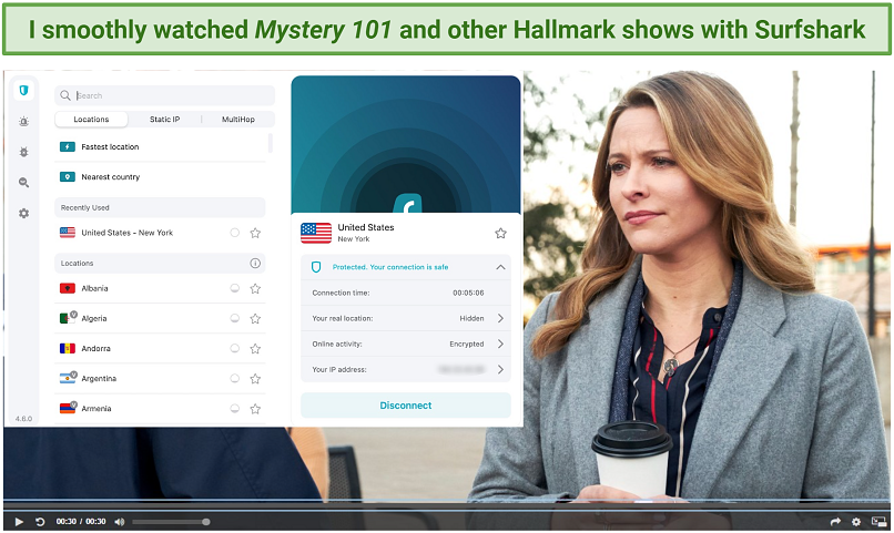 Screenshot of Surfshark unblocking the Hallmark Channel content