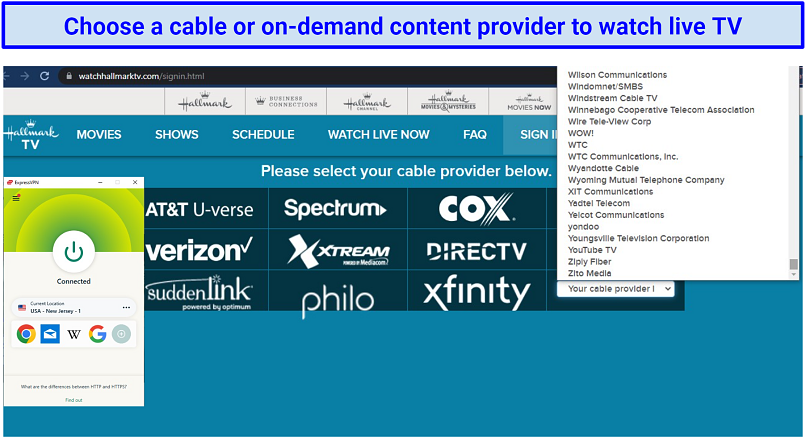 A screenshot of Hallmark Channel providers