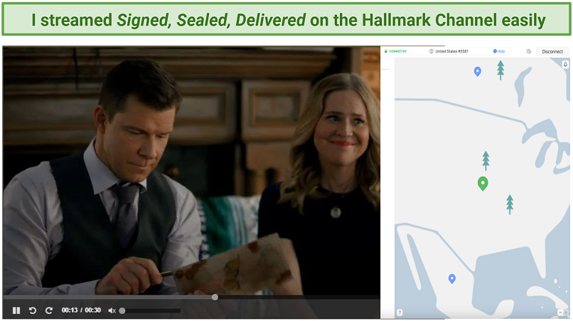 Screenshot of NordVPN unblocking the Hallmark Channel content