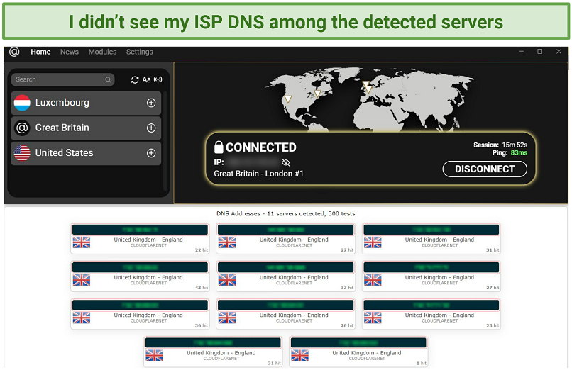 Screenshot of a DNS/IP leak test while connected to aSocket