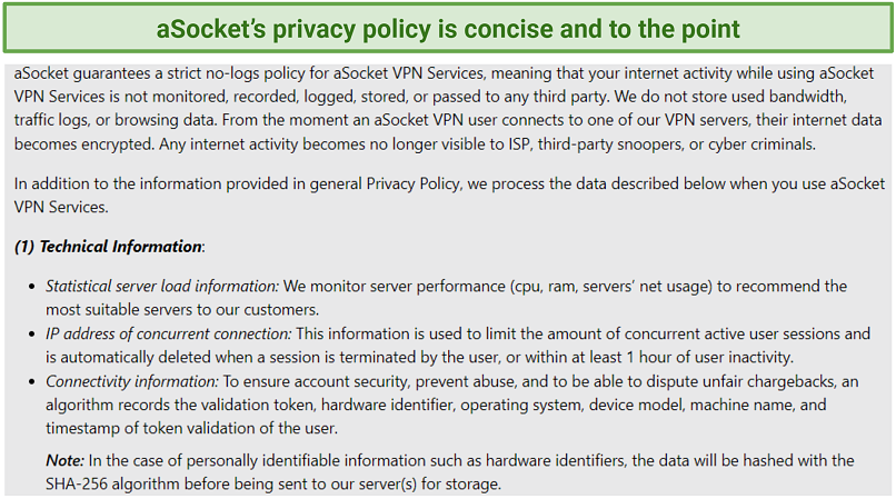 Screenshot of aSocket's privacy policy