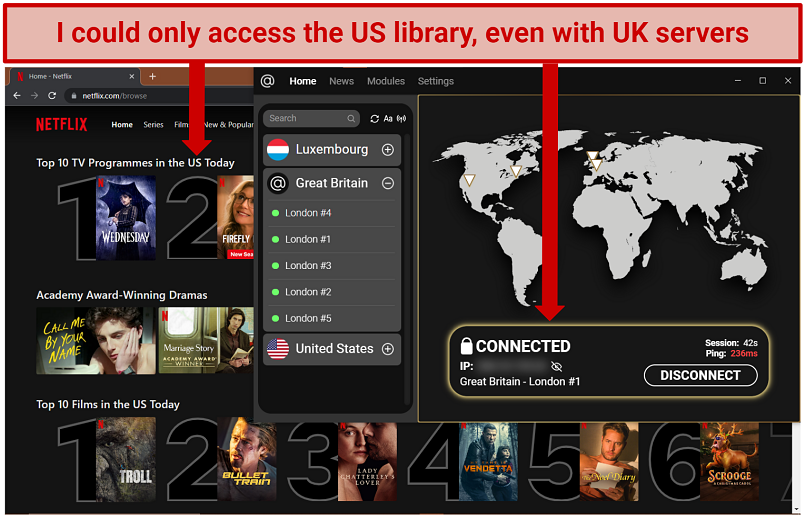Screenshot of Netflix homepage with US content while connected to aSocket's London server