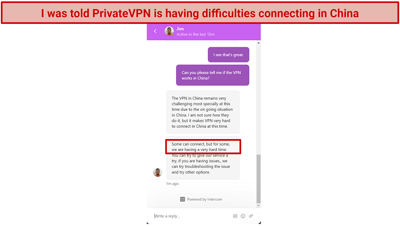 Captura de pantalla de chat en vivo de privatevpn donde el personal de apoyo me dijo que no