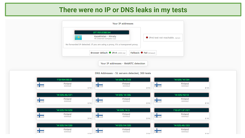 Screenshot of a DNS leak test while connected to Timeweb VPN