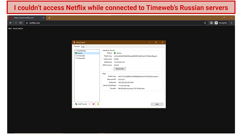 Screenshot of the Netflix homepage while connected to Timeweb VPN's Russian server