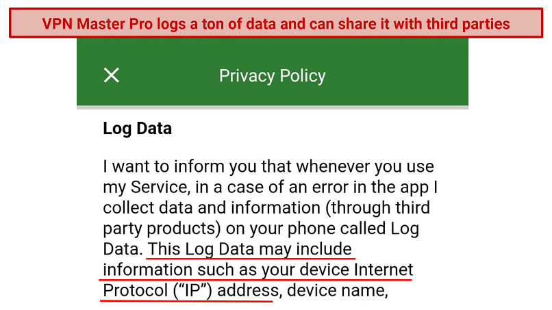 Screenshot of VPN Master Pro's privacy policy within the Android app highlighting some of the data it logs