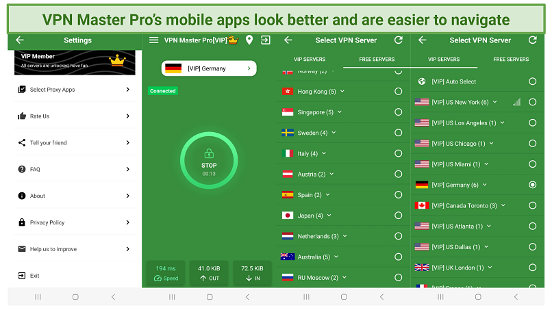 Screenshot of VPN Master Pro's Android app show several different screens within the app