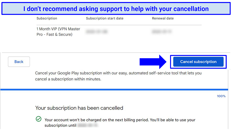 Screenshot of Google Play subscription page showing how to cancel a VPN Master Pro subscription on Android