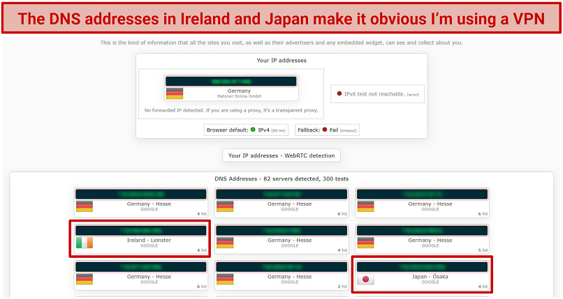 Screenshot of a DNS leak test while connected to VPNHouse