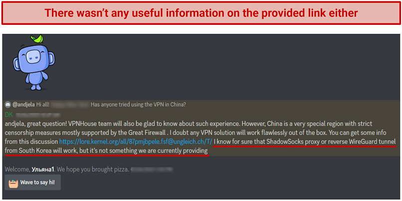 Screenshot of a conversation with VPNHouse customer support, speculating if the VPN works for China