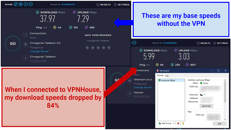 Screenshot of speed tests performed with and without VPNHouse