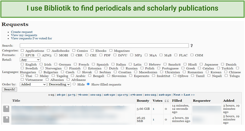 Image of a request section on Bibliotik private tracker