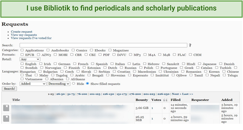 Bild eines Anforderungsabschnitts auf Bibliotik Private Tracker