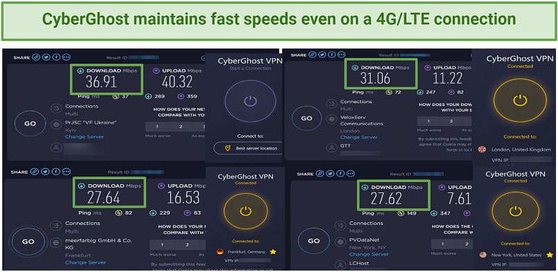 A picture comparing regular internet connection with speeds on CyberGhost's servers