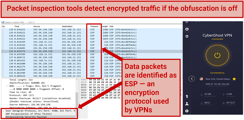 a screenshot of the WireShark tool identifying the encrypted ESP protocol used by CyberGhost